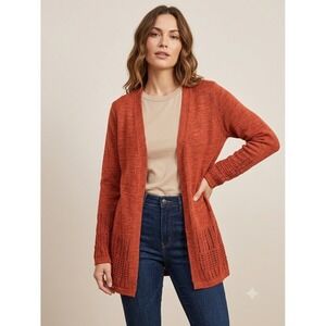 Lety & Me Women Rust Orange Open Front Pointelle Knit Cardigan Sweater Size M